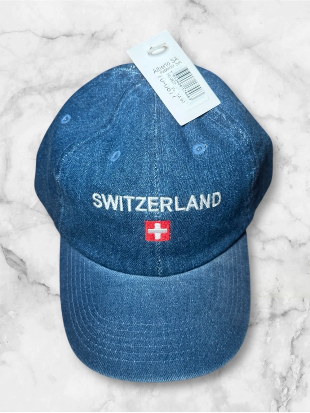 Denim 'Switzerland' Embroidered Baseball Cap - Blue with Red Accent